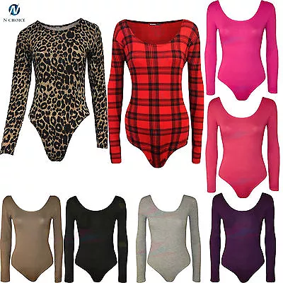 Buy Womens Long Sleeve Stretch Bodysuit Ladies Leotard Body Top Tshirt 8-22 New • 5.95£