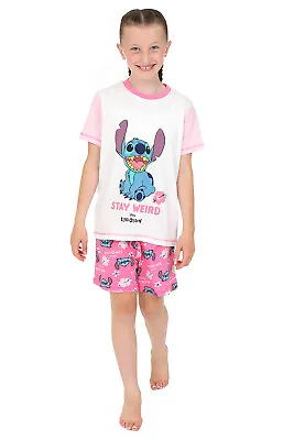 Buy Girls Disney Lilo And Stitch Stay Weird Pink Short Children's Kids Pyjamas Pjs • 11.99£