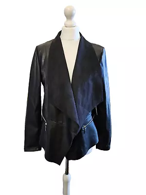 Buy DOROTHY PERKINS Black Faux Leather Jacket Size 14 Waterfall Drape Front • 19.99£