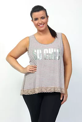 Buy Captive Taupe Striped 'So Chic' Lace Trim Jersey Vest Top - BNWT • 4.99£