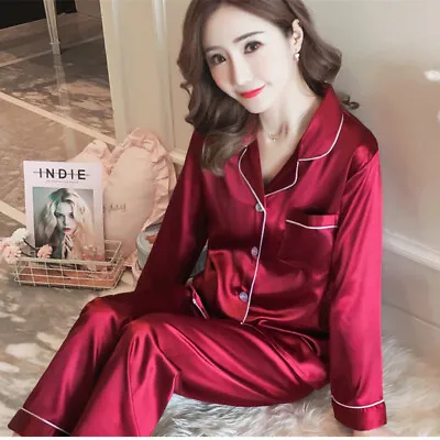 Buy Women Ladies Silk Satin Pajamas PJS Pyjama Sleepwear Nightwear Long Sleeve Set • 12.99£
