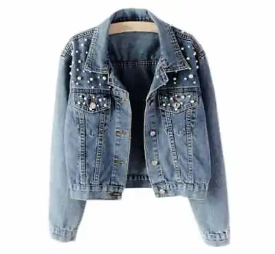 Buy Women's Pearl Denim Jacket Loose Fit Casual Biker Jeans Coat Outwear Plus Size • 21.99£