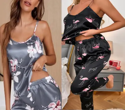 Buy Ladies Two Piece Luxury Satin Pyjamas - Flamingo Or Floral • 10.99£
