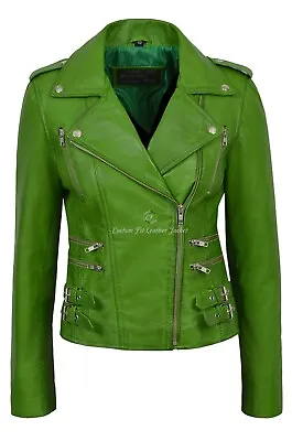 Buy MYSTIQUE Ladies Real Leather Jacket Lime Green Biker Motorcycle Style 7113 • 109.76£