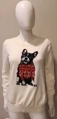 Buy LOFT Sweater French Bulldog Sz M White Frenchie Dog Womens Long Sleeve Christmas • 37.89£