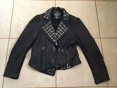 Buy Red Herring Black Real Genuine Authentic Leather Biker Jacket Size 12 With Studs • 25£