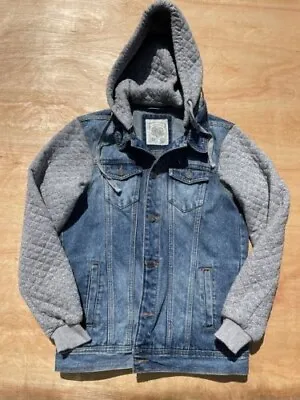 Buy Pull & Bear Blue Denim Jacket With Detachable Grey Jersey Hood Size S • 15£