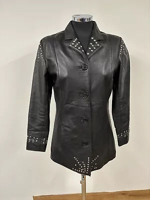 Buy Barneys Originals Black Leather Jacket Coat Size 10 DIANA 2010 Studs Stars READ • 39.95£