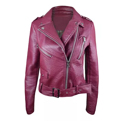 Buy Brand New Burgundy Berry Red Vegan Faux Leather Fashion Biker Jacket For Ladies  • 49£