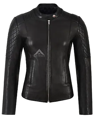 Buy Ladies Real Leather Biker Jacket Diamond Shape Quilted Sleeves Black Fitted 9565 • 93.41£