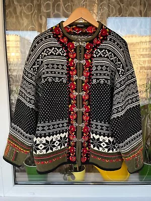 Buy VRIKKE Womens Norwegian Design Ethnic Wool Cardigan Metal Buttons Size M Vintage • 93.78£