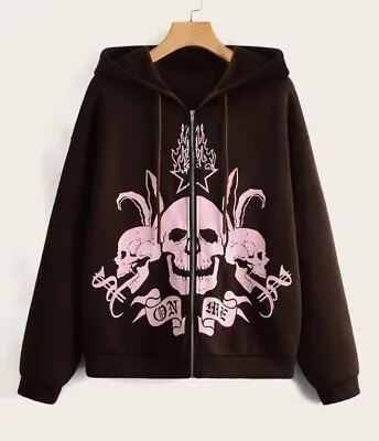 Buy Womens Size 6-8-10 UK Pink Skull Hooded Jacket New S Skeleton Zipper Hoodie Alt • 19.95£