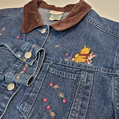 Buy Vintage Winnie The Pooh Embroidered Denim Jacket Disney Store Corduroy Collar M • 33.07£