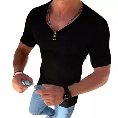 Buy Mens Ribbed Short Sleeve Zip V Neck T-Shirt Slim Fit Muscle Tops Tee Blouse UK • 16.82£