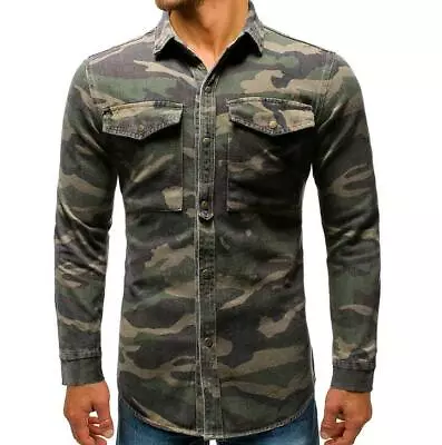Buy Mens Camouflage Long Sleeve Slim Fit Shirts Button Front Casual Lapel T-Shirt • 34.39£