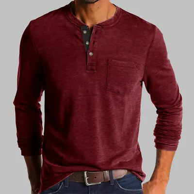 Buy Mens Henley Button V Neck T Shirt Solid Grandad Long Sleeve Casual Tops Shirts • 14.99£
