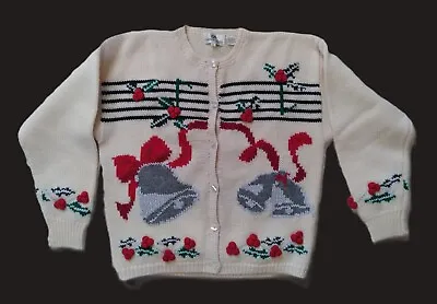 Buy Carroll Reed 100% Wool Christmas Cardigan Sweater Silver Bells & Holly Sz XL • 26.01£
