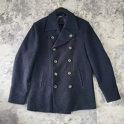 Buy Feraud Pea Coat Mens Extra Large Waffle Navy Blue Wool Blend Trench Jacket XL • 39.95£