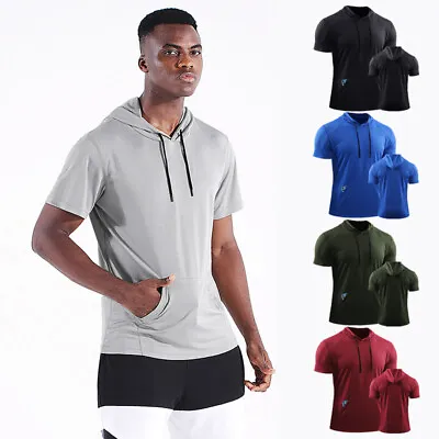 Buy Mens Summer Sportswear Tops Hoodie Fitness Tee Short Sleeve Hooded Sport T Shirt • 10.99£