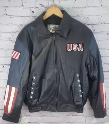 Buy American Leather Jacket USA Flag Eagle Back Bomber Biker Jacket - Size Medium • 114.99£
