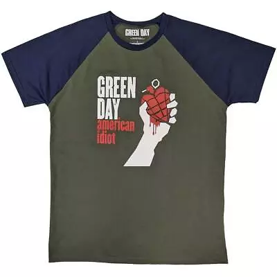 Buy Green Day 'American Idiot' Khaki Green / Blue Raglan T Shirt - NEW • 15.49£