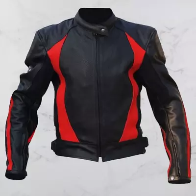 Buy Men Black And Red Leather Padded Biker Jacket For Racers • 249.99£