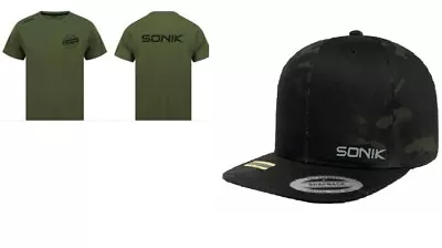 Buy New Sonik Navitas  Core Carp Fishing T Shirt Black Logo + Snapback Icon Cap • 19.76£