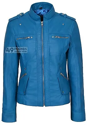 Buy Kelly Electric Blue Ladies New Biker Style Designer Retro Real Leather Jacket • 41.65£