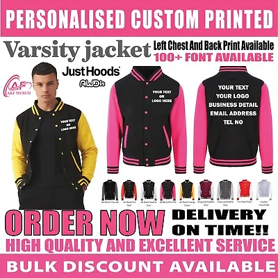 Buy Personalised Custom Just Hoods Awdis Varsity Jacket Text Logo Baseball Style • 25.99£