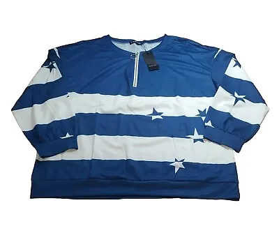 Buy New Sheilay Pullover Top Blue White Striped Stars Qtr Zip Activewear Plus XXL  • 19.20£
