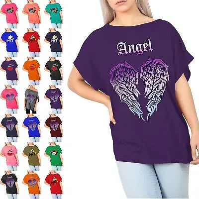 Buy Women Ladies Purple Angel Wing Oversized Batwing Sleeve Baggy Relaxed TShirt Top • 2.99£
