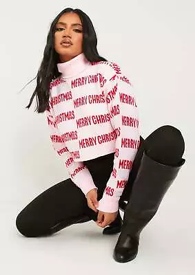 Buy Iris Pink Merry Christmas Knitted Crop High Neck Jumper • 22£