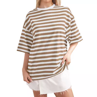 Buy Womens Vintage Oversized T Shirts Basic Summer Top Striped Short Sleeve Top • 10.35£