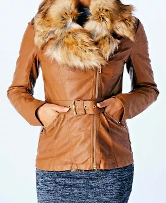Buy Ladies Faux Fur Hip Length Tan Biker Jacket Sizes  8 10 12 14 With Buckle Belt • 35£