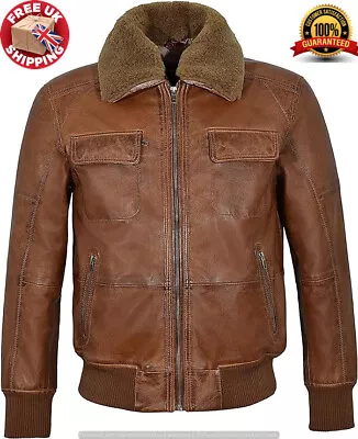 Buy Mens Pilot Leather Jacket Tan Fur Collared Classic Bomber Style B3 Leater Jacket • 114.99£