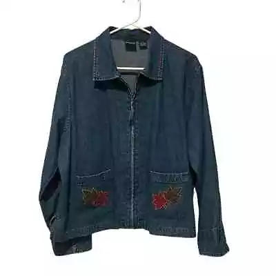 Buy ERIKA Womens Jean Jacket Zip Front Large Embroidered Fall Leaves Autumn Grandma • 19.28£