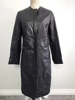 Buy Vintage Next Real Leather Jacket Size 10 Long Goth Fitted Soft Black Overcoat • 29.99£