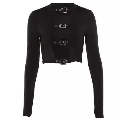 Buy Out Clubwear Clothes Choker Buckle Punk Crop Top Women Gothic Long Sleeve Hollow • 19.99£