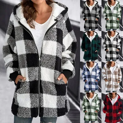 Buy Ladies Teddy Bear Fleece Fur CHECKED Coat Hooded Jacket Zip Up Outwear Plus Size • 14.55£