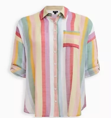 Buy Torrid  Lindsay Drop Shoulder Top Size 3X Button Up Shirt Tunic Stripe Roll Tab • 17£