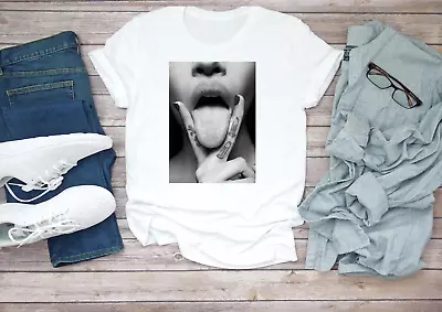 Buy Black And White Mouth Figure, Short Sleeve White Black Men's T Shirt D373 • 10£