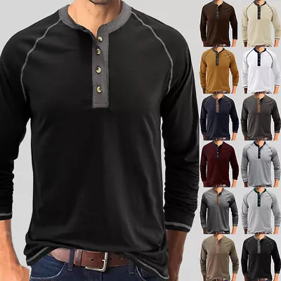 Buy Mens Henley Shirts Tops Casual Long Sleeve Grandad Button Neck T Shirt Blouse 44 • 10.49£