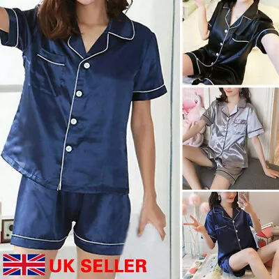 Buy Women Ladies Satin Pyjamas Nightwear PJs Set Silk Sleeve Short Button Sleepwear • 8.49£