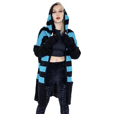 Buy Heartless Black Blue Stripe Cardigan Hood Hoodie Corset Lace Up Goth Emo Alt M • 49.99£