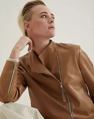Buy Brunello Cucinelli Jacket Women's Leather Moto Brown Size 38 XS • 1,113£