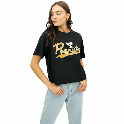 Buy Official Peanuts Ladies Varsity Boxy Cropped T-Shirt Black S - XL • 10.49£
