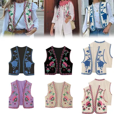 Buy Ladies Embroidery Waistcoat Boho Vintage Floral Vest Coat Short Cardigan Jacket • 13.99£