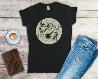 Buy Mystical Skeleton Hands Moon And Sun Ladies Celestial T Shirt Sizes Small-2XL • 12.49£