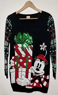 Buy Disney Festive Sequin Minnie Mouse Black Longline Christmas Jumper Size 12 Women • 19.99£