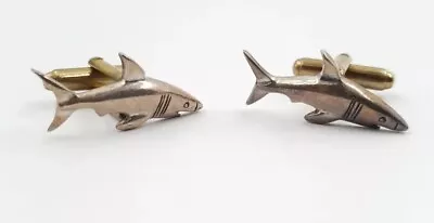 Buy Shark Cufflinks Sterling Silver Brass Backs. Vintage Jewellery Big Game Fishing • 18.95£